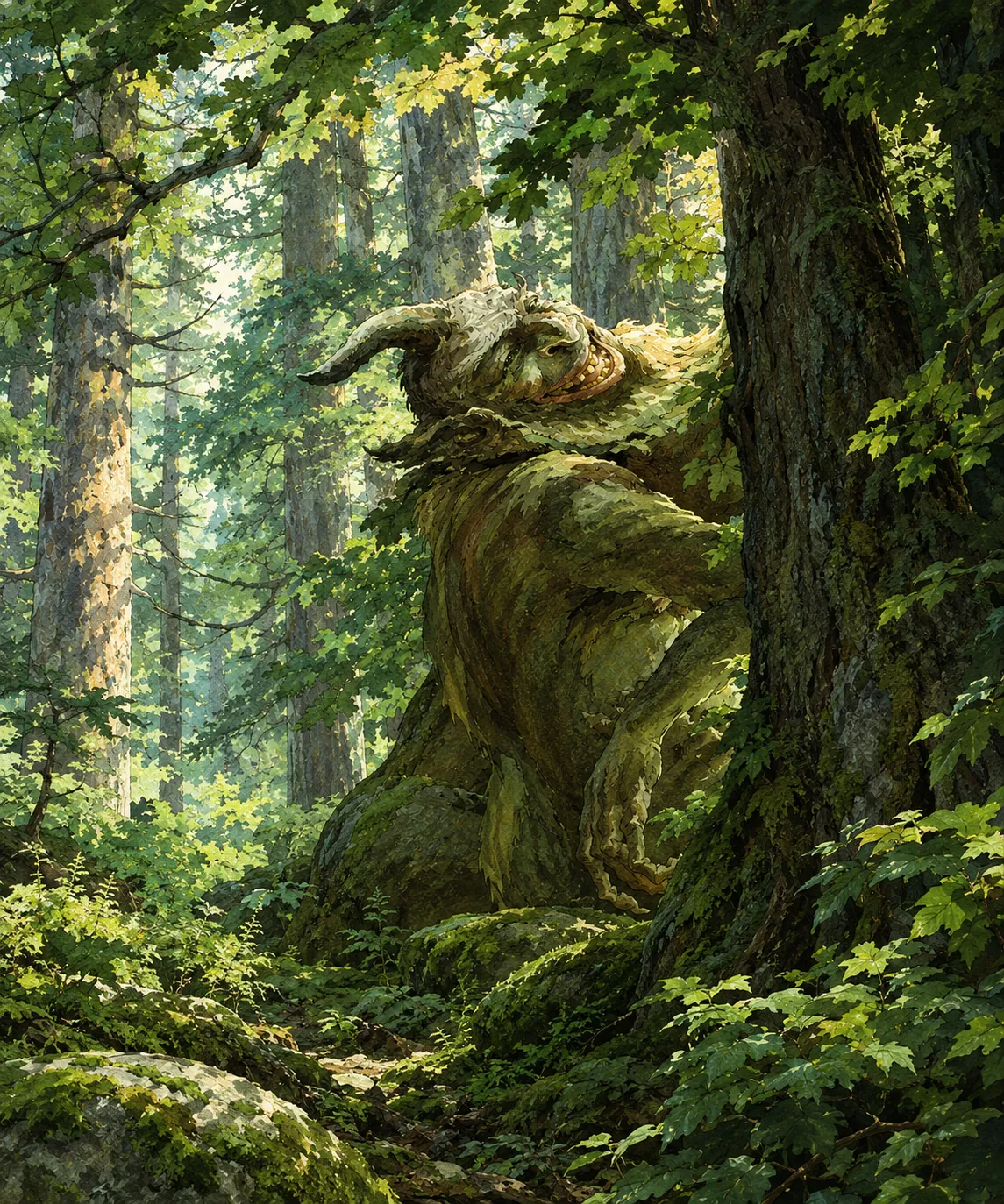 A mossy, horned forest spirit grinning from behind an oak in a sunlit forest